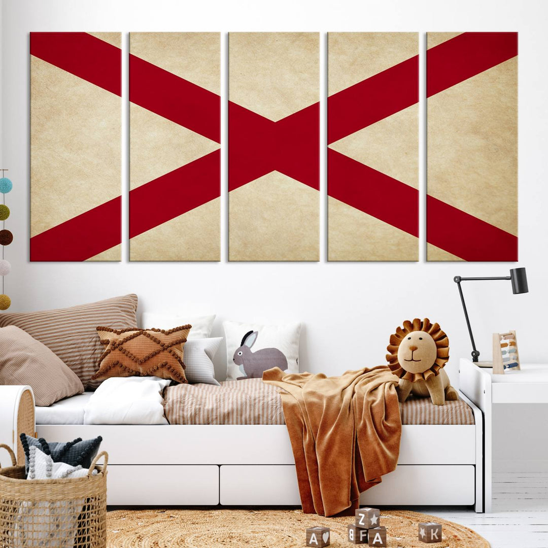 The USA Alabama States Flag Wall Art, featuring a red diagonal cross on a cream background, is elegantly displayed on museum-quality canvas with a UV-protective coating.