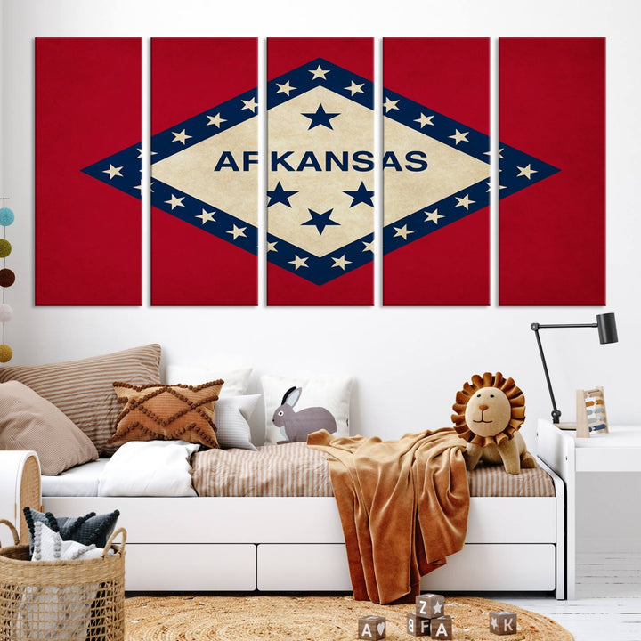 The Arkansas Flag Wall Art Canvas Print is displayed on gallery-wrapped, museum-quality canvases. Its vibrant colors are preserved by a UV-protective coating, ensuring long-lasting brilliance in your living space.