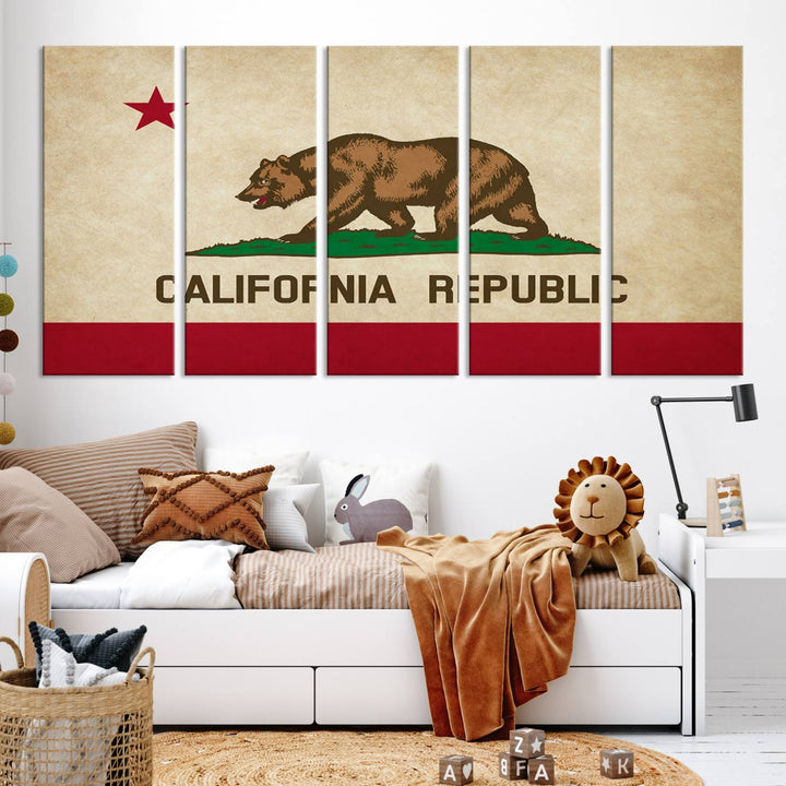 The Calinia States Flag Wall Art Canvas Print, featuring a bear and star design reminiscent of the California Republic flag, is crafted on museum-quality polycotton canvas with a UV-protective coating and is proudly made in the USA.