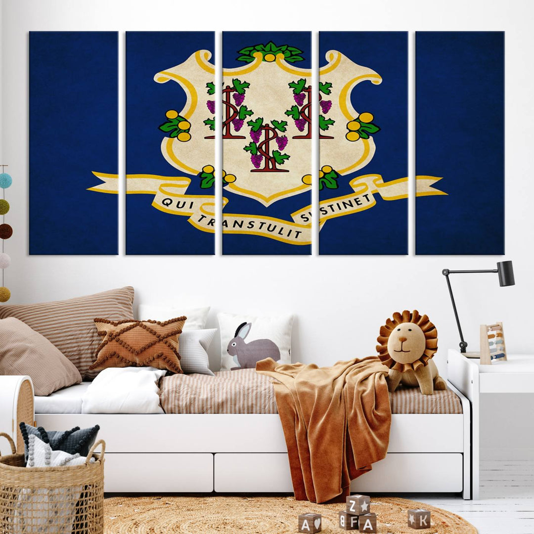 A "Size Connecticut States Flag Wall Art Canvas Print" hangs on the wall, its vibrancy preserved by a UV-protective coating.