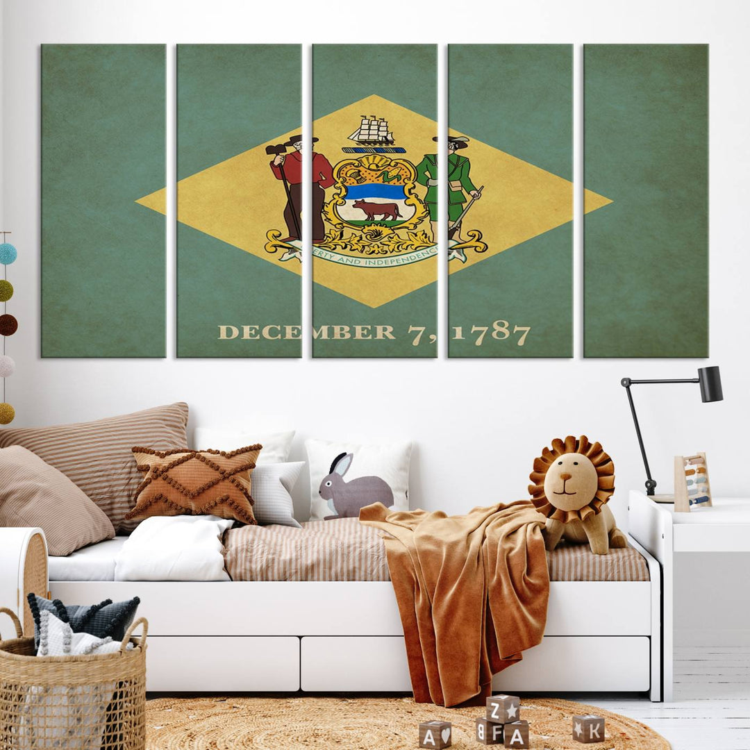 The Delaware States Flag Wall Art Canvas Print, featuring museum-quality material and a UV-protective coating, hangs elegantly, ready to be admired.