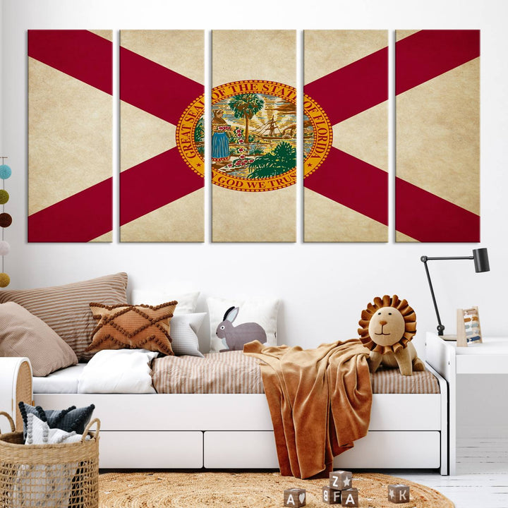 A Florida States Flag Wall Art Canvas Print, featuring a UV-protective coating for museum-quality preservation, is displayed.