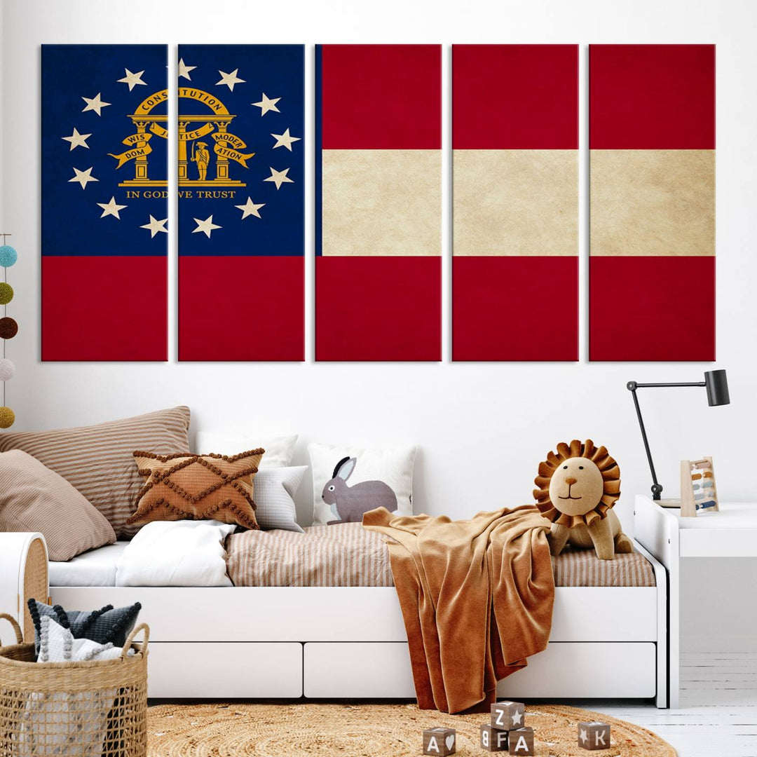 The Georgia States Flag Wall Art Canvas Print, coated with UV protection to preserve its vibrant colors, hangs on the wall.