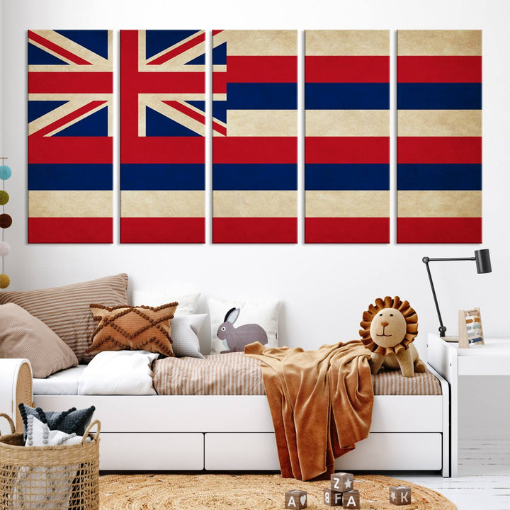 A stunning piece titled "Hawaii USA States Flag Wall Art Canvas Print" adorns the wall. This gallery-wrapped artwork is printed on museum-quality canvas and features a UV-protective coating, ensuring its vibrant colors remain timelessly beautiful.