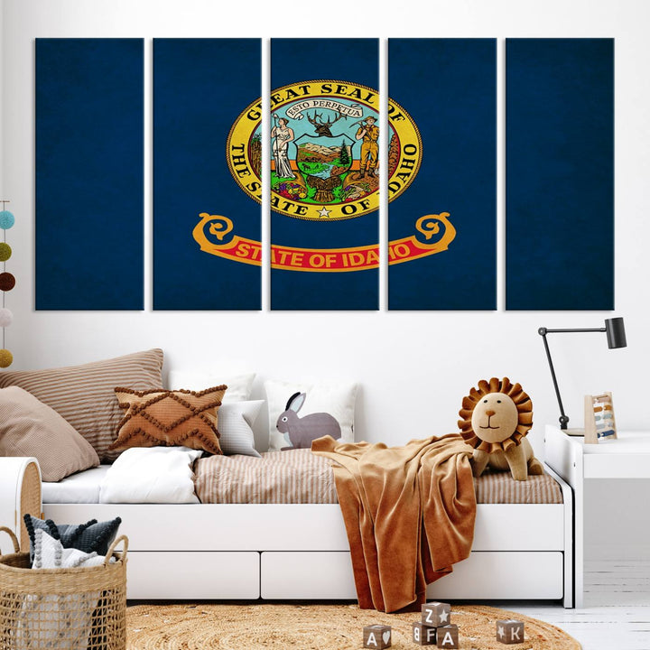 The Idaho USA States Flag Wall Art Canvas Print, featuring a UV-protective coating for lasting vibrancy, is ready to hang.