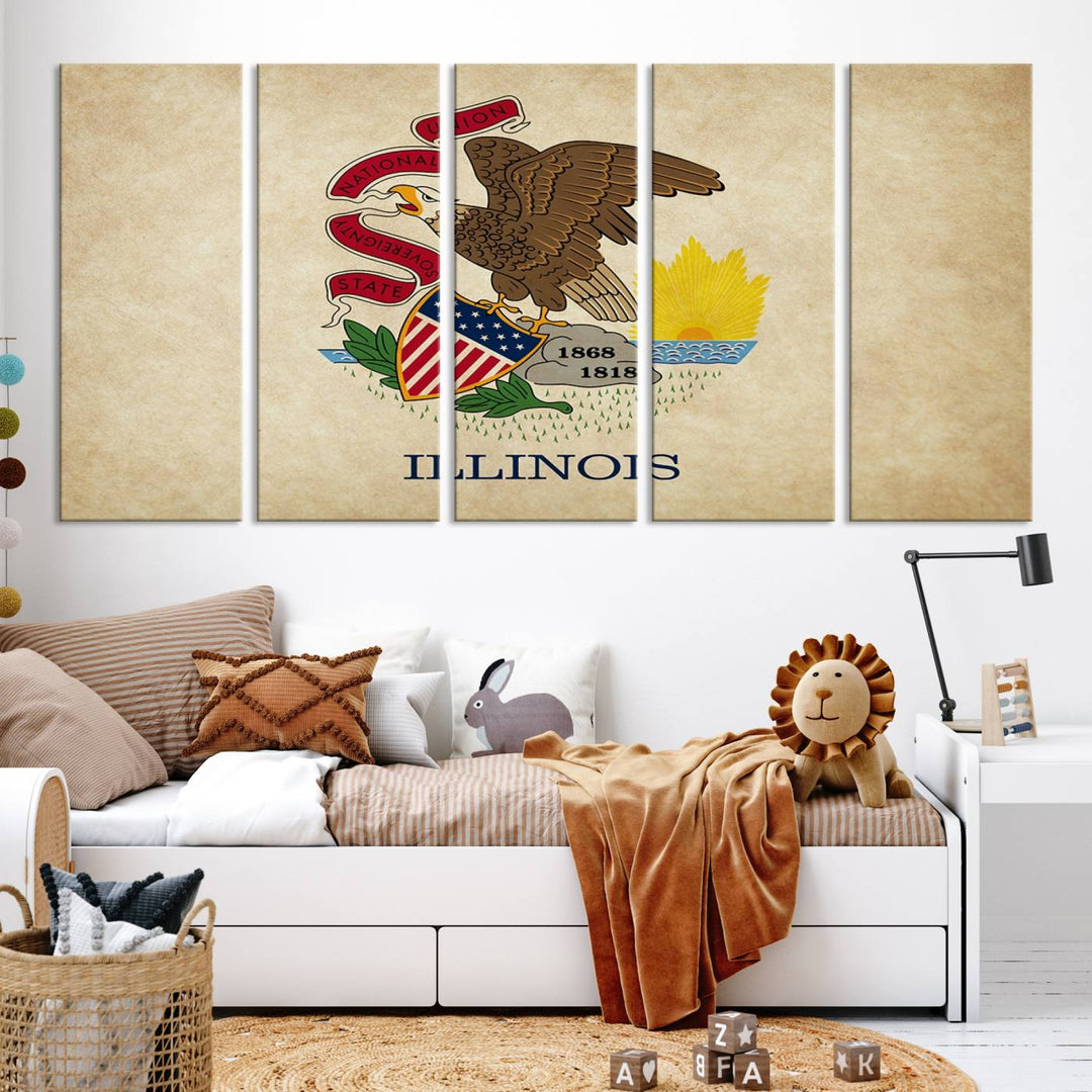 The Illinois State Flag Wall Art Canvas Print, crafted on museum-quality canvas with a UV-protective coating, is displayed prominently.