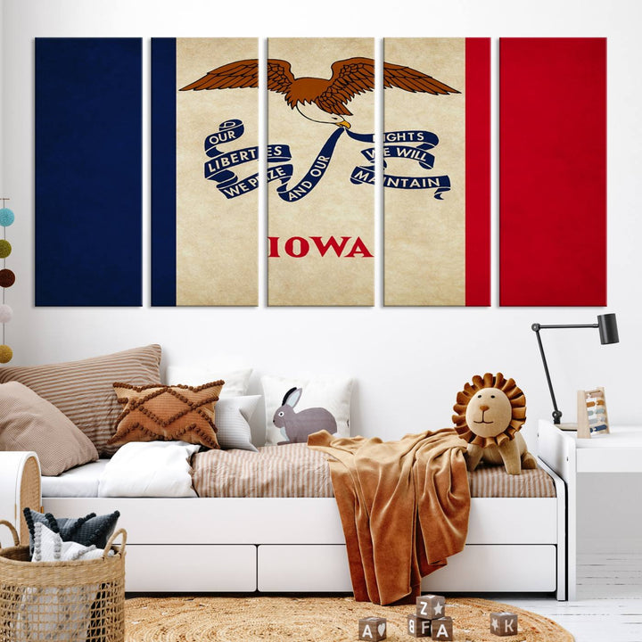 A beautiful Iowa States Flag Wall Art enhances the area, made on museum-quality canvas and boasting a gallery-wrapped design for enduring elegance.