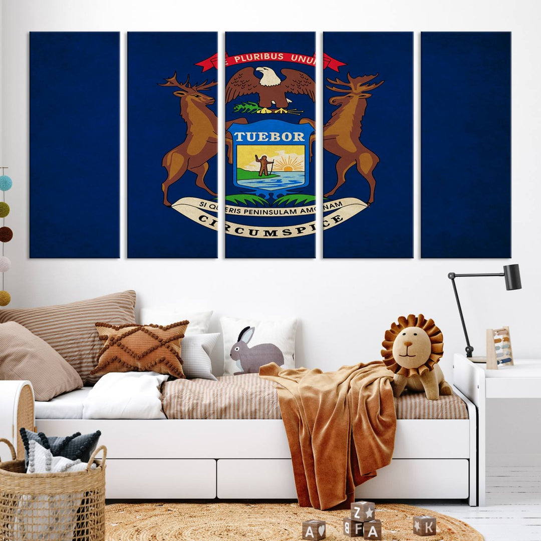 A piece of Michigan State Flag Wall Art on museum-quality canvas features a UV-protective coating to maintain its vibrant colors.