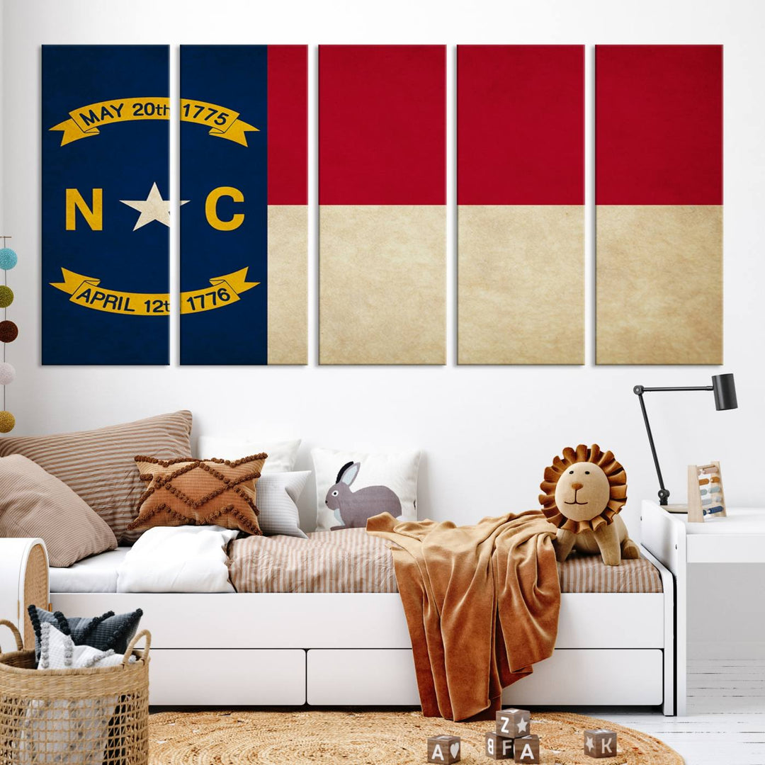 A museum-quality North Carolina State Flag Wall Art Canvas Print graces the wall, adding charm and character to any living space. Enjoy free shipping on this timeless piece.