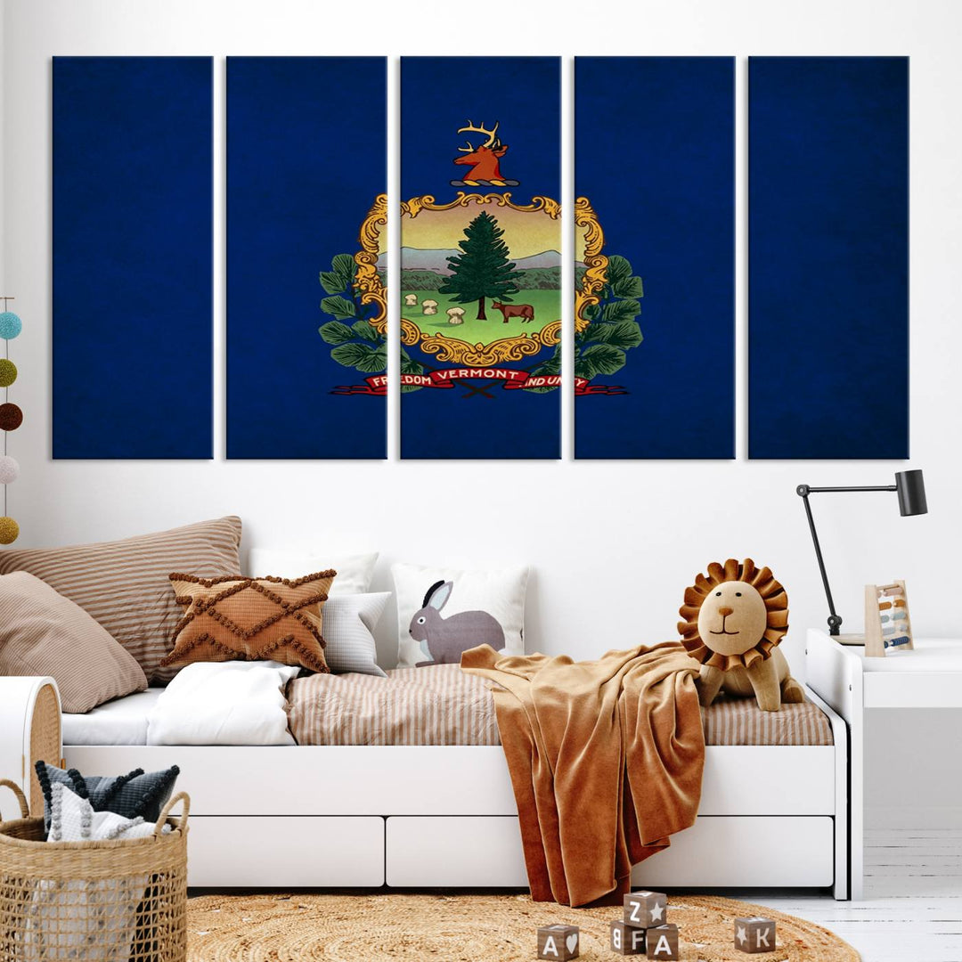 The Vermont Flag Wall Art Canvas Print is a museum-quality piece enhanced with UV-protective finishes, offering both style and durability. Enjoy free shipping on this classic decor addition.