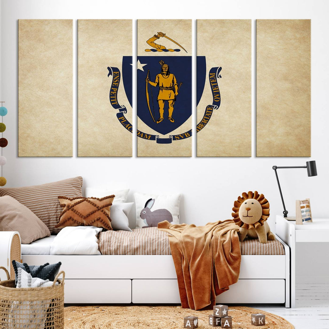 The Massachusetts State of Flag Wall Art Canvas Print, handcrafted on a museum-quality canvas with UV-protective coating, decorates the wall. It is ready to hang and adds a touch of elegance to the space.