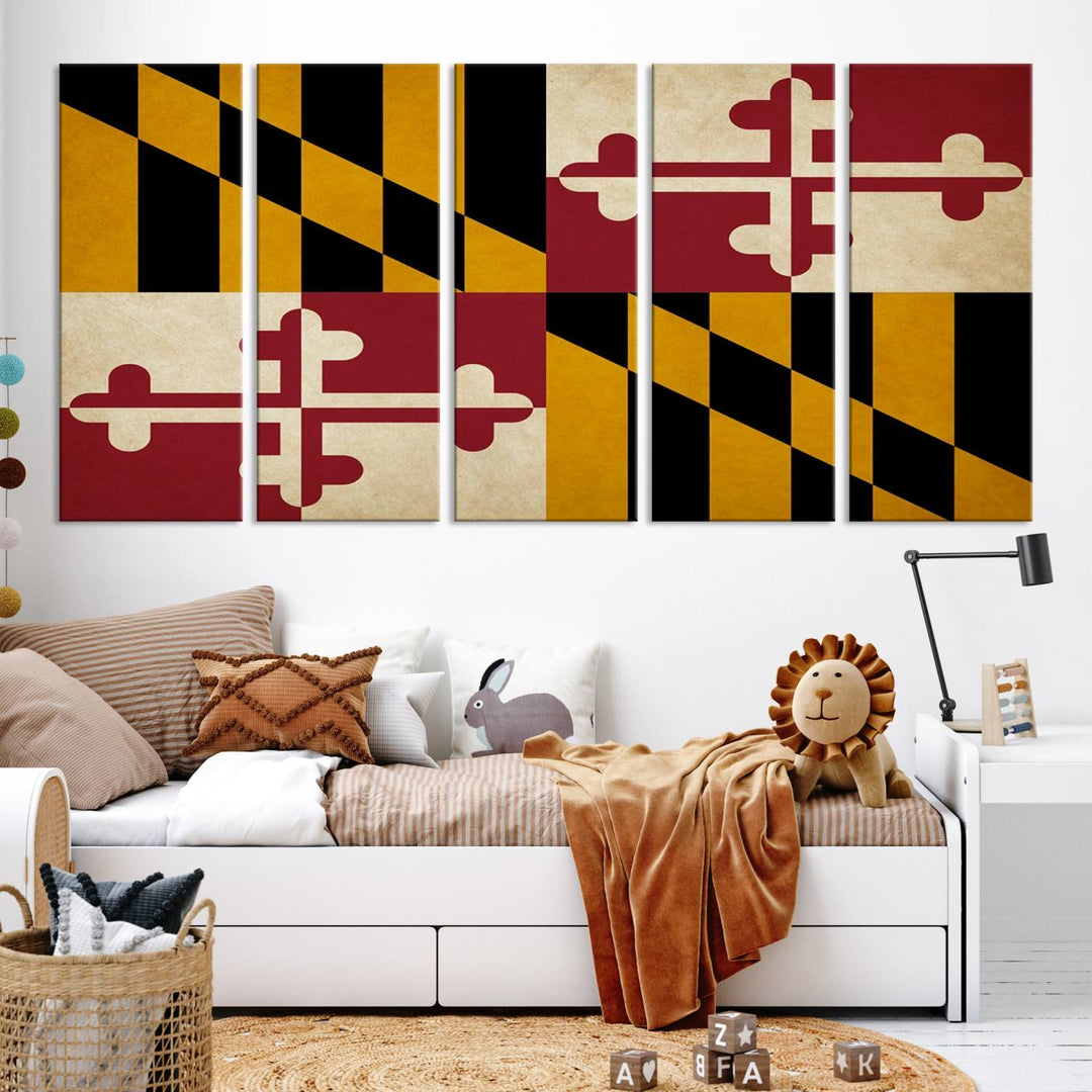 The Maryland Flag Wall Art Canvas Print, boasting a UV-protective coating for vibrant colors and durability, is a museum-quality piece offered with free shipping, making it the perfect addition to your space.