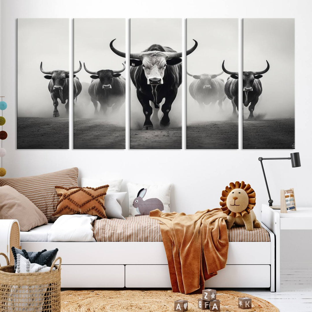 The Texas Longhorn Cow Animal Wall Art Canvas Print beautifully embellishes the area with its depiction of longhorn cattle in a misty setting, seamlessly integrating Western decor into the space.