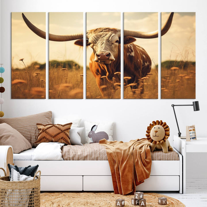 Cow Bighorn Wall Art Canvas Print, Longhorn Texas Cow Animal Canvas Print