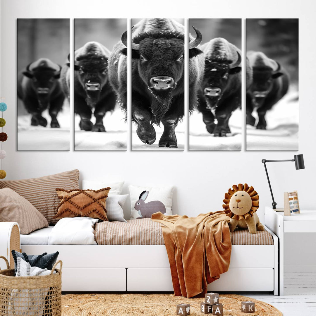 A modern living room features a striking black-and-white American Bison Art | Buffalo Herd Wall Art Canvas Print on the wall.