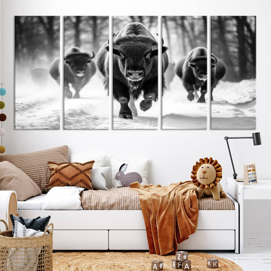 Transform your living room with the Buffalo Wall Art Canvas Print triptych, showcasing a bison family in motion across a snowy landscape. This striking Western decor piece becomes the focal point of any room.