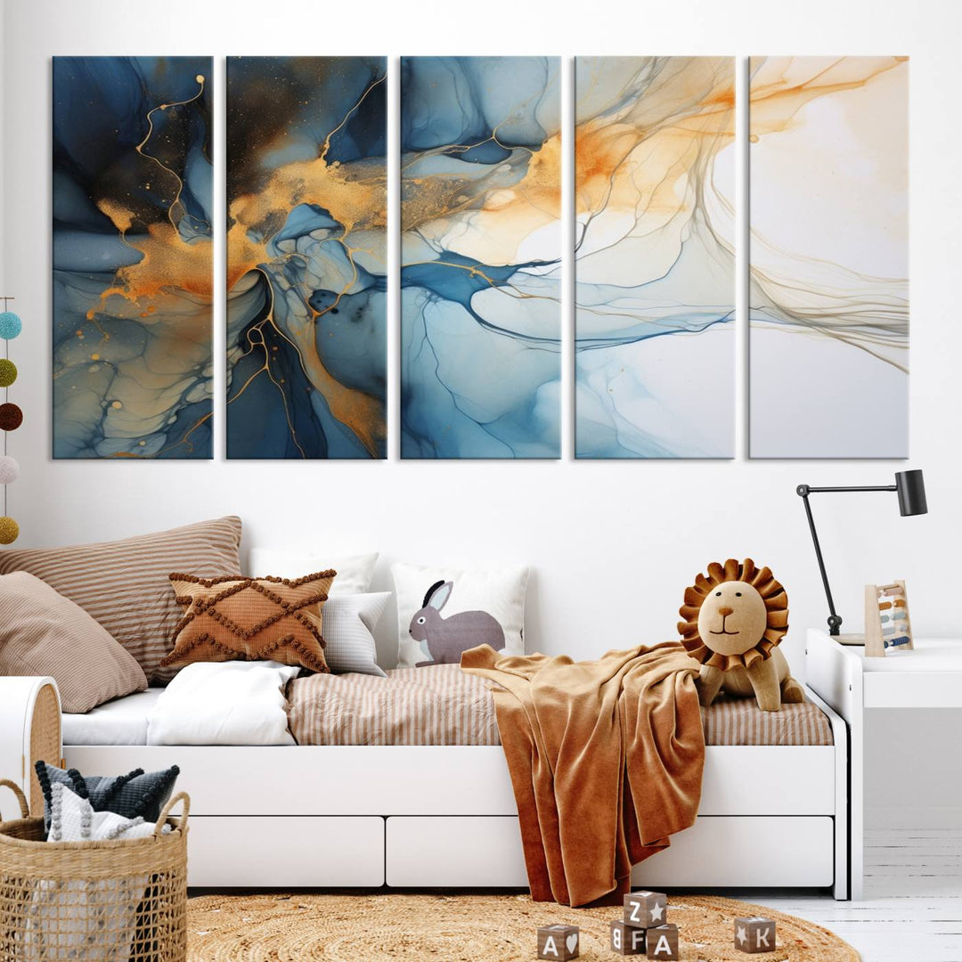 Art mural abstrait bleu marine orange, impression abstraite, impression sur toile abstraite