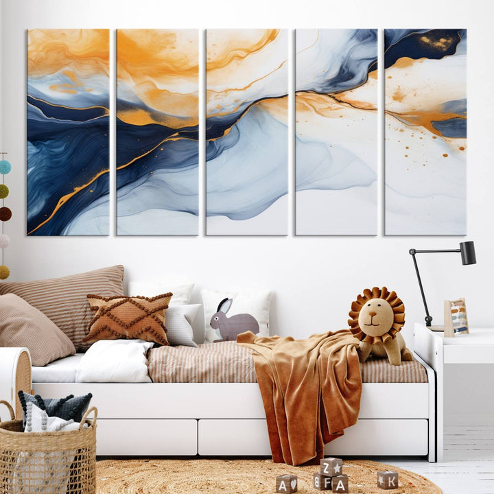 Modern living room featuring the 'Extra Large Orange Navy Blue Abstract Wall Art Canvas Print.'