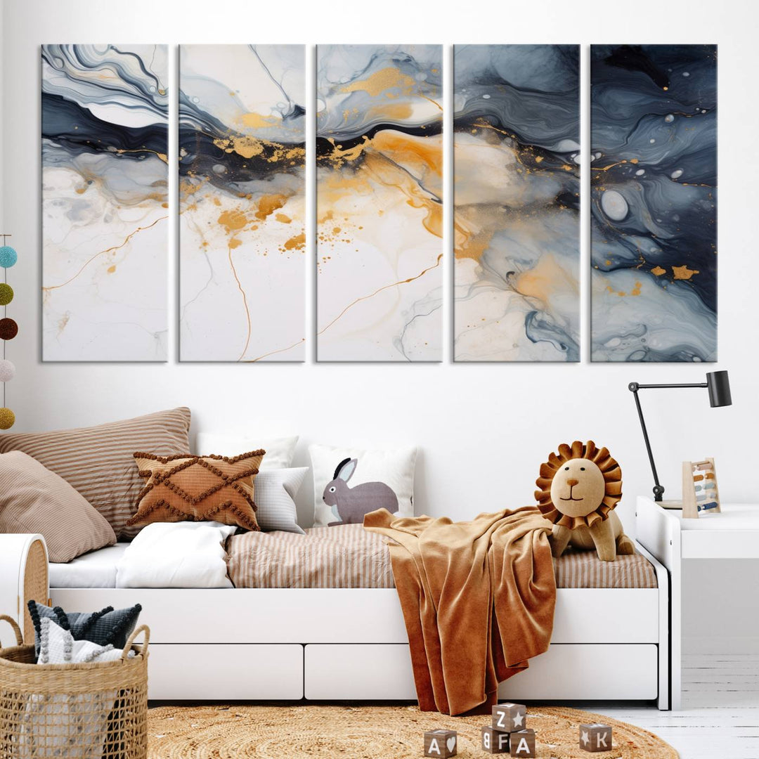 The Dark Blue and Orange Abstract Wall Art, featuring museum-quality canvas with captivating dark and golden swirls, is ready to hang and boasts a UV-protective coating to ensure enduring vibrancy and sophistication.