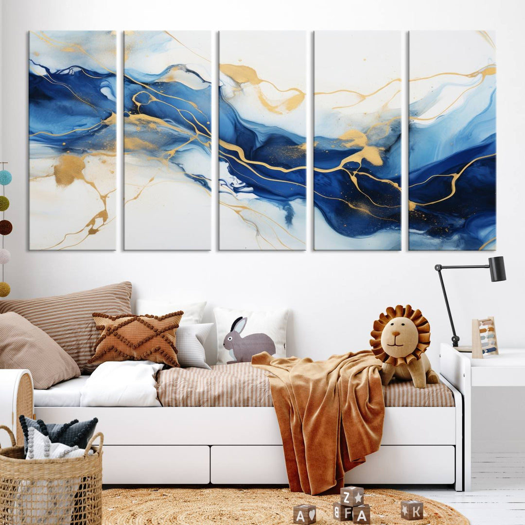 The Blue Abstract Wall Art is displayed as a triptych on museum-quality canvas, showcasing a blue and gold abstract design. The artwork includes a UV-protective coating to maintain its vibrancy and comes with the benefit of free shipping.