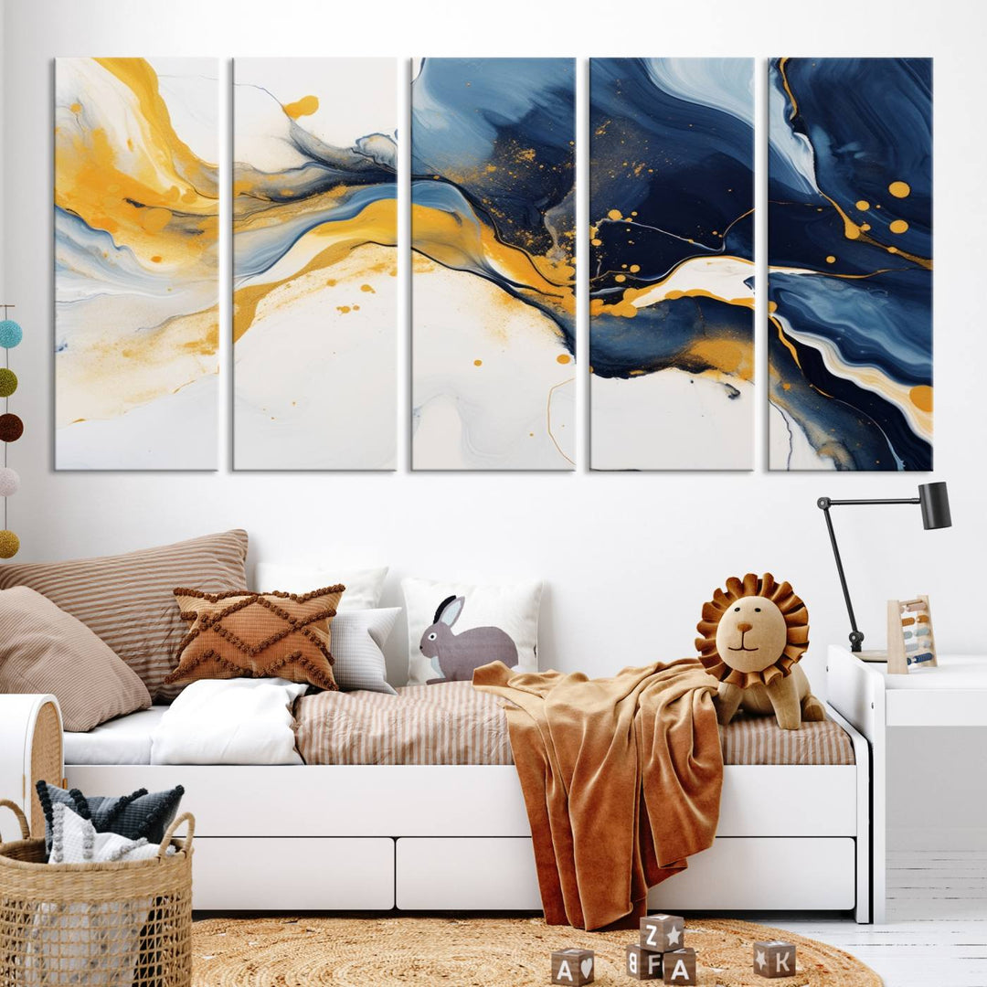 The Blue and Gold Abstract Fluid Canvas Art, with its swirling patterns, adorns the wall. This modern wall art beautifully complements the contemporary interior decor, adding an elegant touch with its rich blue, gold, and white tones.