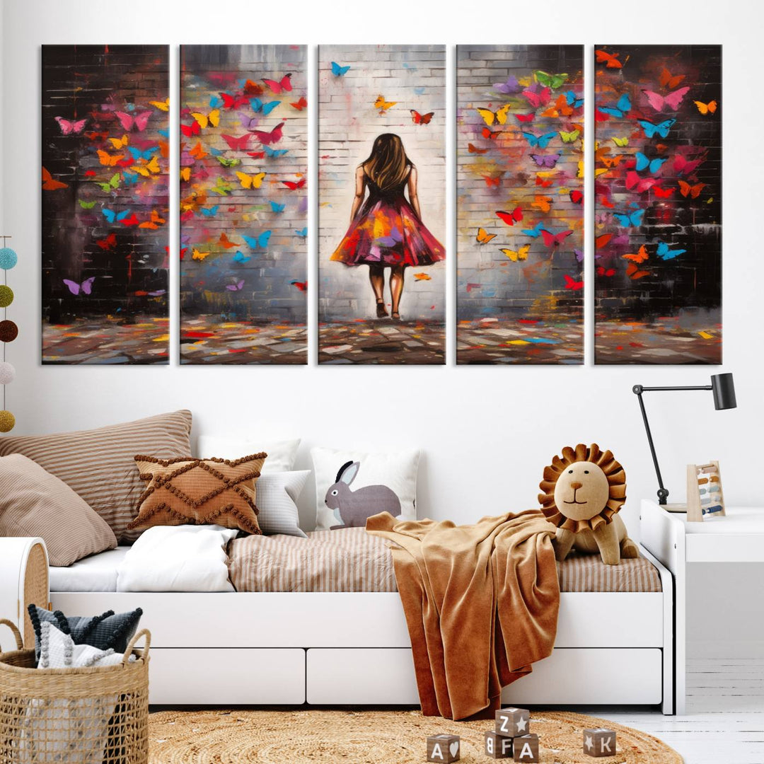 A vibrant artwork titled "Graffiti Wall Art Canvas Print Girl Butterfly Graffiti Abstract Canvas Print" is displayed above the couch. This gallery-wrapped masterpiece, printed on museum-quality canvas, features a UV-protective coating to preserve its vivid beauty.