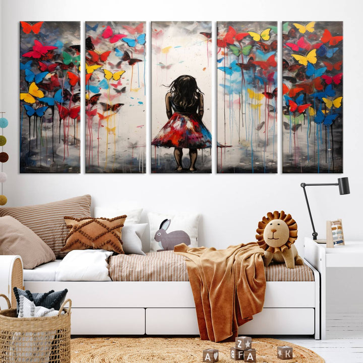 The Girl Butterfly Graffiti Abstract Canvas Print, featuring a vibrant depiction of a girl surrounded by butterflies on museum-quality canvas, is displayed prominently.