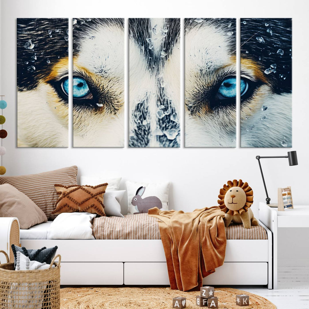 The captivating "Winter Siberian Husky Wolf EYE Wall Art Canvas Print" showcases the striking blue eyes of the animal portrait.