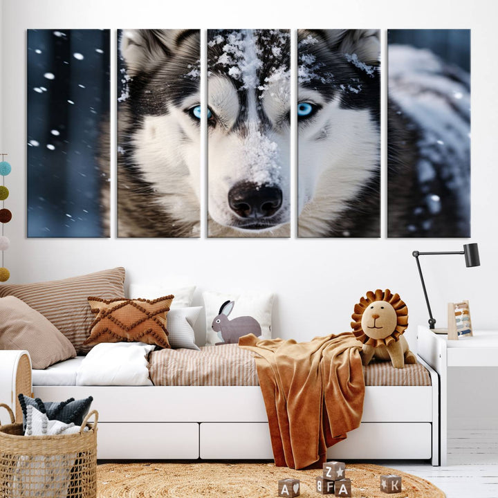 A digital art piece titled "Winter Siberian Husky Wolf Wall Art Canvas Print" showcases a blue-eyed husky blanketed in snow. Printed on high-quality canvas, it is an ideal choice for nature and dog enthusiasts.