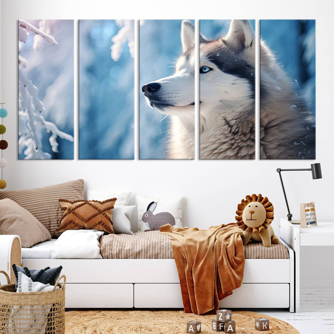 A captivating Winter Siberian Husky Wolf Wall Art Canvas Print hangs prominently.