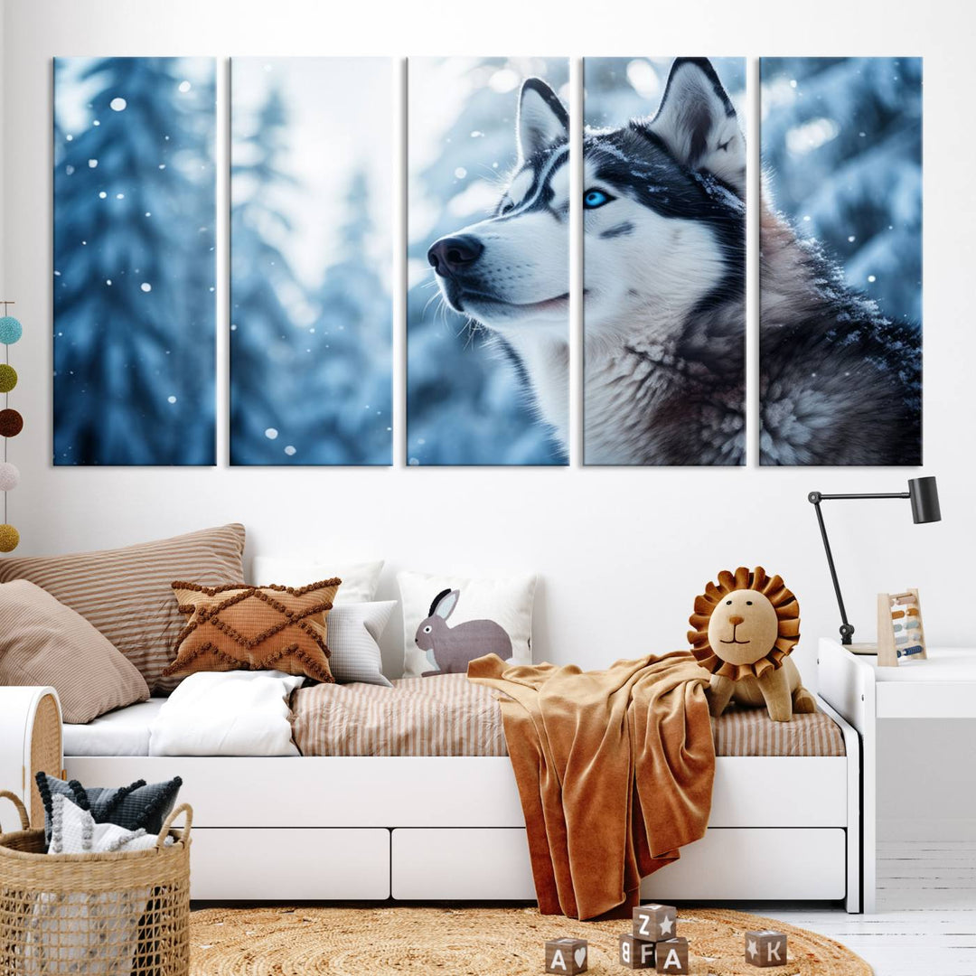 The "Winter Siberian Husky Wolf Wall Art Canvas Print" is elegantly displayed, enhancing the room's cozy ambiance in a snowy forest setting.