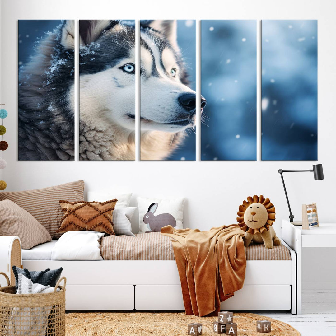 The space above the sofa features the Winter Siberian Husky Wolf Wall Art Canvas Print, creating a stunning snowy scene.