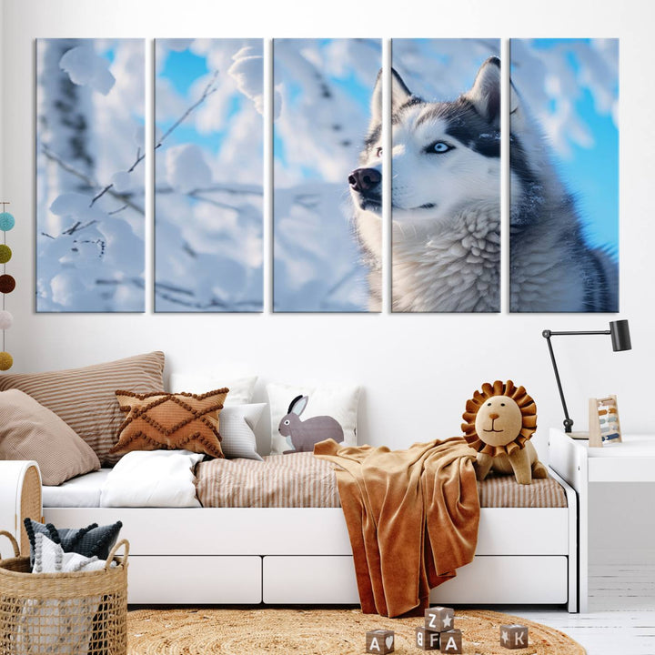 The Siberian Husky Art Canvas elegantly enhances the room.