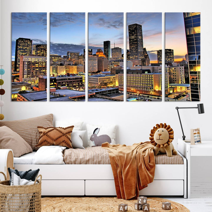 The modern living room features the Houston Wall Art Canvas Print on the wall. This professional craftsman framed masterpiece depicts a cityscape and is created with museum-quality polycotton canvas, ensuring a polished look that enhances its elegant charm.