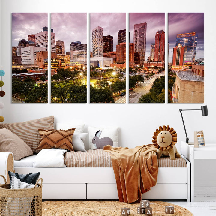 The Houston Wall Art Canvas Print in the living room displays a vibrant city skyline at twilight on museum-quality canvas with UV-protective coating.