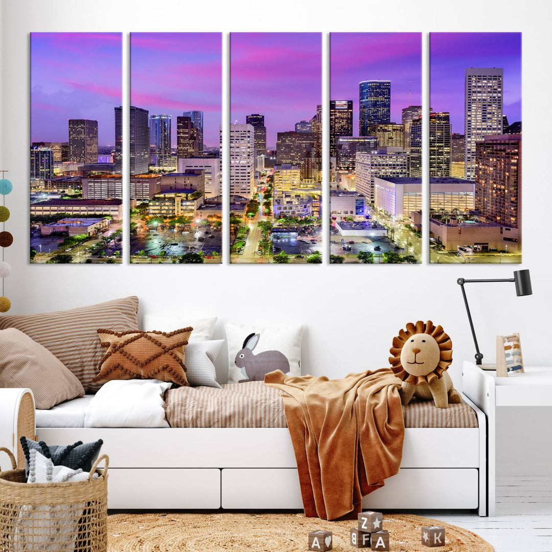 Houston Wall Art Canvas Print showcasing a vibrant cityscape at dusk on museum-quality canvas, expertly crafted by professional craftsmen.