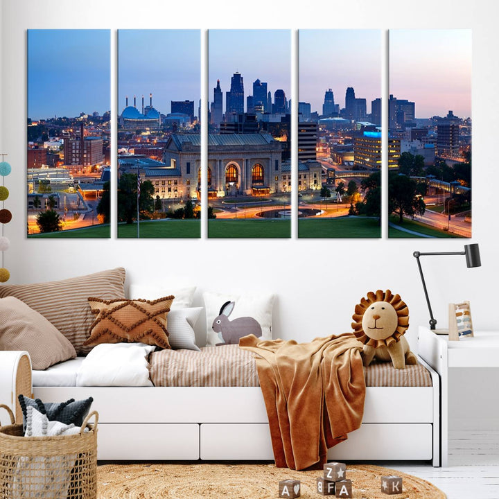 The Kansas City Skyline Canvas Wall Art Print hangs above, showcasing an iconic dusk cityscape with a historic building in the foreground, exuding urban sophistication.