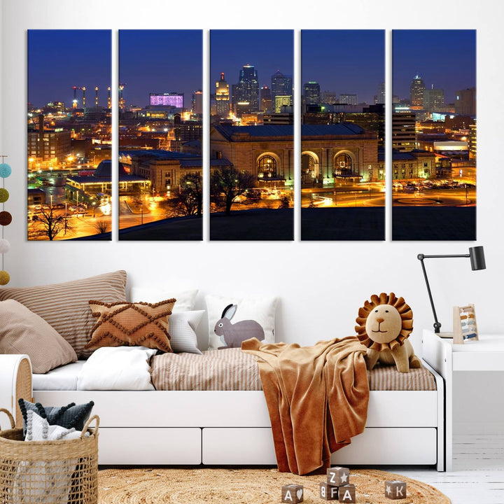 The Kansas City Night Canvas Print Wall Art creates a scene as captivating as museum-quality art, showcasing a city skyline at night with illuminated buildings.