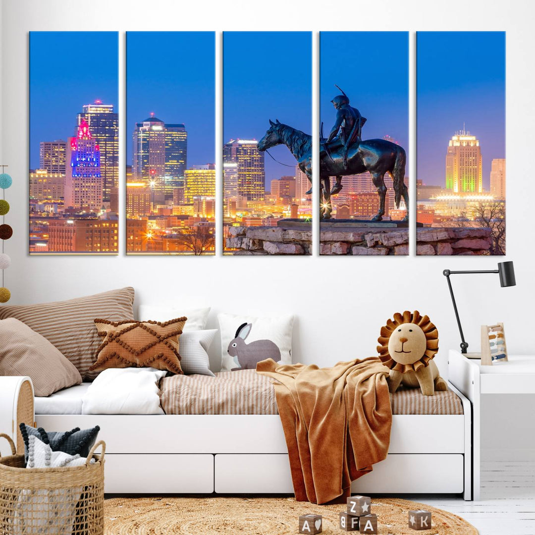 A large Kansas City Night Canvas Print Wall Art adorns the wall, gallery wrapped and finished with a UV-protective coating for lasting vibrancy.