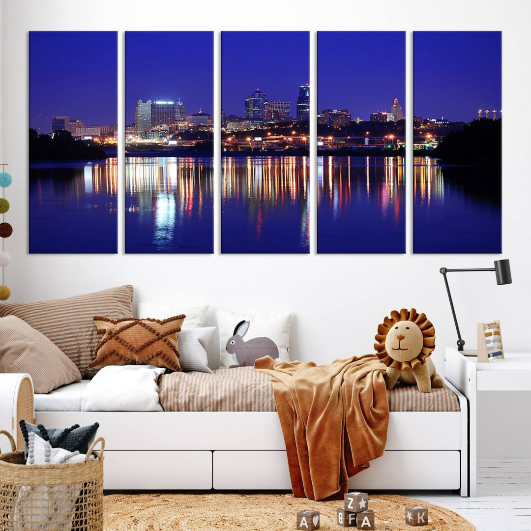 The Kansas City Night Canvas Print Wall Art captures the shimmering city skyline on the calm water, where every detail resembles a museum-quality polycotton masterpiece.