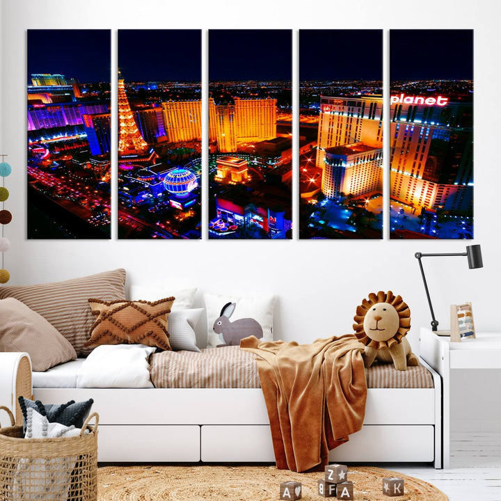 Las Vegas Wall Art Canvas Print showcases a dynamic and luminous cityscape at night with tall buildings and bustling streets. Expertly printed on museum-quality canvas, this gallery-wrapped artwork is enhanced with a UV-protective coating to ensure lasting brilliance.