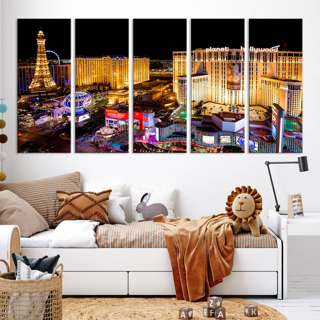 The Las Vegas Wall Art Canvas Print is a triptych set that showcases a stunning night view of Las Vegas. The illuminated buildings and the iconic faux Eiffel Tower add elegance to any space. Each piece comes with a UV-protective coating and is ready to hang, ensuring both style and durability.