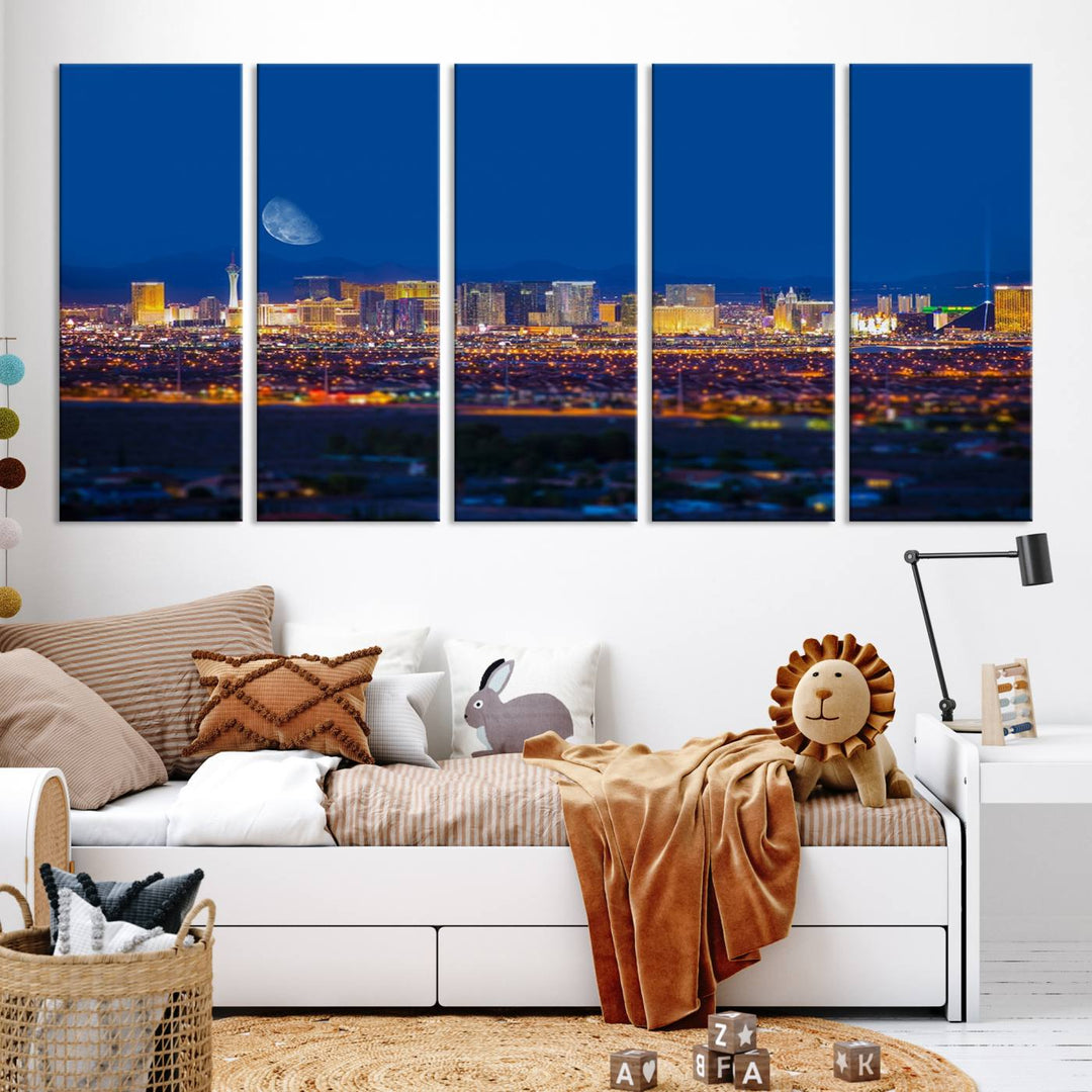 The Las Vegas Wall Art Canvas Print, depicting a city skyline at night, enhances a modern living room with its museum-quality canvas. This triptych comes ready to hang and boasts a UV-protective coating for lasting brilliance.