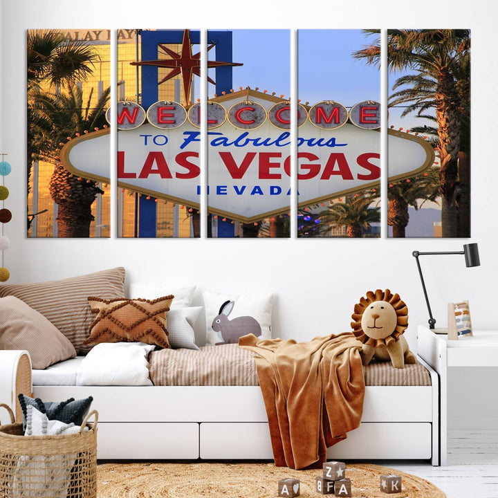 A Las Vegas Wall Art Canvas Print hangs on the wall, showcasing the iconic Welcome to Fabulous Las Vegas, Nevada sign. The museum-quality canvas guarantees vibrant colors with its UV-protective coating and is available with free shipping for added convenience.