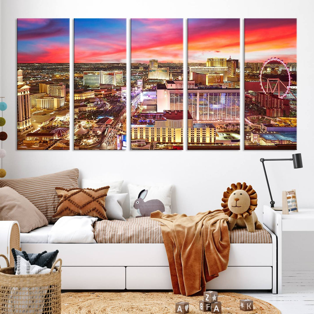 Las Vegas Wall Art Canvas Print depicting a vibrant cityscape at dusk on museum-quality canvas with a UV-protective coating, showcasing a skyline with colorful clouds.