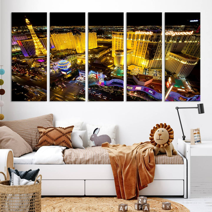 The modern living room features a Las Vegas Wall Art Canvas Print, a museum-quality triptych showcasing a vibrant cityscape with neon lights.