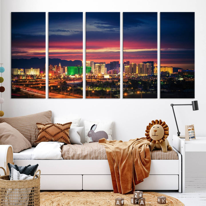 The living room is adorned with the Las Vegas Wall Art Canvas Print, a triptych showcasing a cityscape at sunset. This piece is crafted on museum-quality canvas and protected by a UV-coated finish, highlighting the craftsmanship of a skilled professional.