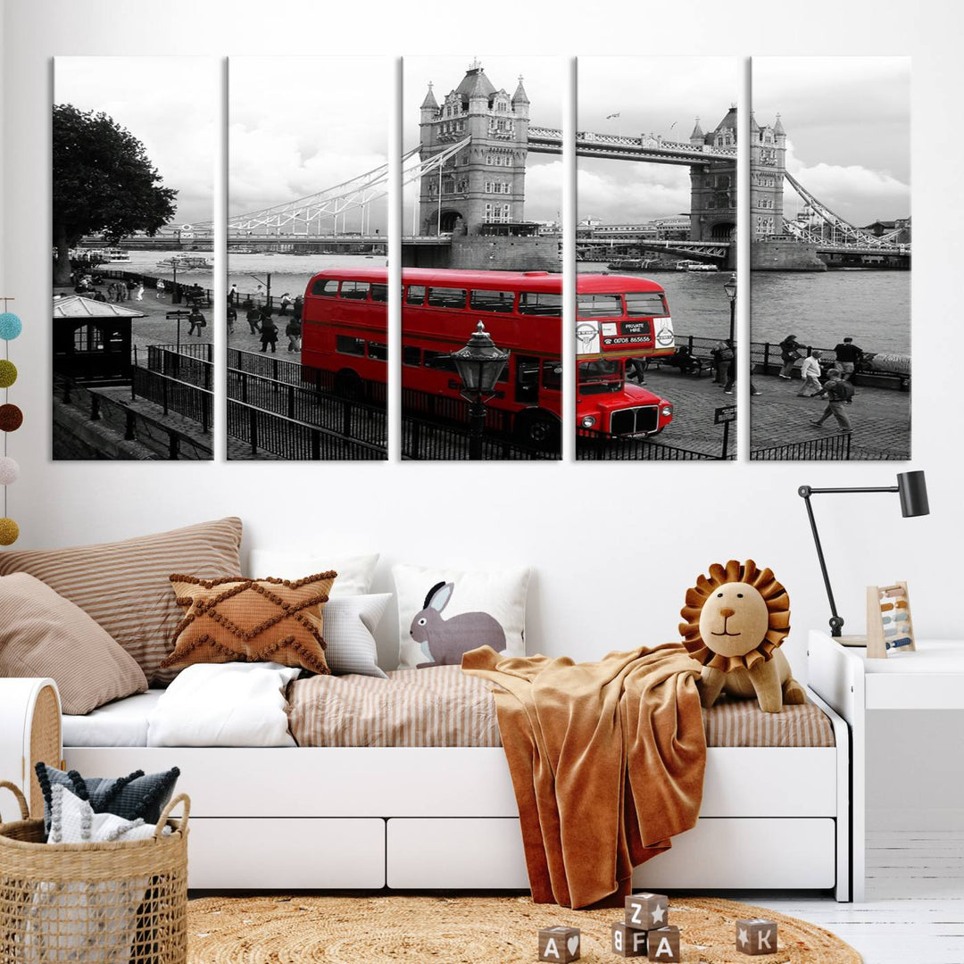 The London Red Bus and Bridge Wall Art Canvas Print showcases a red London bus in front of Tower Bridge, beautifully presented as a gallery-wrapped canvas. This striking image is divided into three panels, delivering a museum-quality display that's ready to hang.