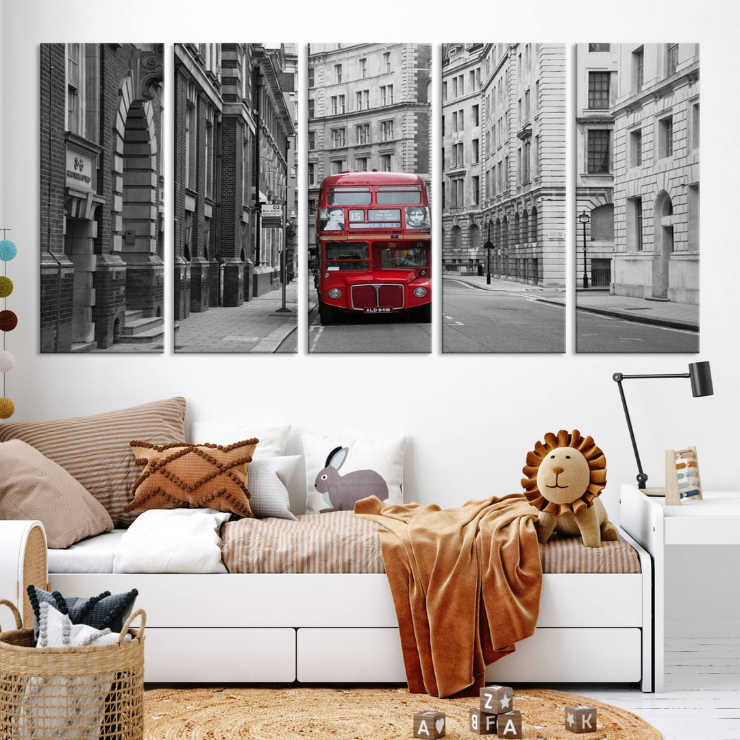 The living room features museum-quality London Red Bus Wall Art, showcasing a split canvas print of a red bus on a black and white city street. This artwork is ready to hang and includes a UV-protective coating to ensure long-lasting vibrance.