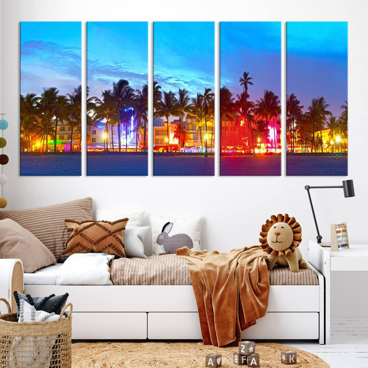 The living room features a three-panel Miami City Wall Art Canvas Print, showcasing a colorful, illuminated beach scene with palm trees on museum-quality canvas.